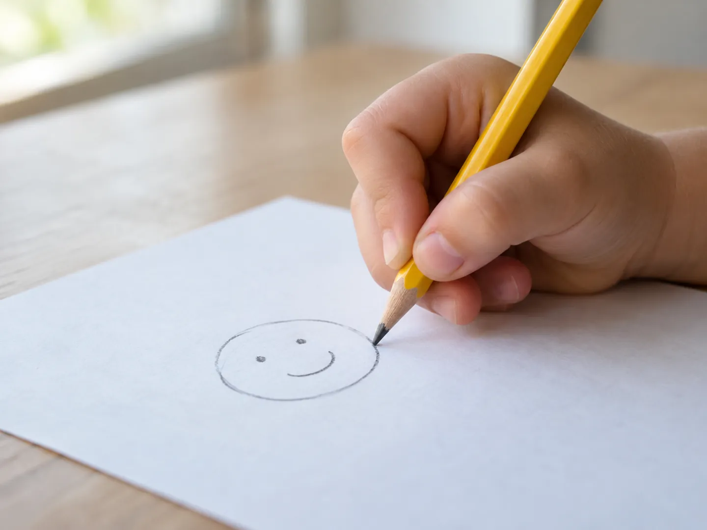A young child's hand holding a pencil in a tripod grip, drawing a round face with two eyes and a smile on white paper