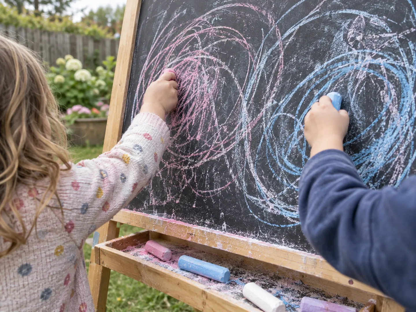 Small hands making big chalk swirls on an outdoor easel board in a nursery garden, with chalk dust on the tray